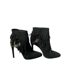 Gianni Bini Suede Ankle Booties Shoes Heels Fringe Black And Gold Women's Sz 9
